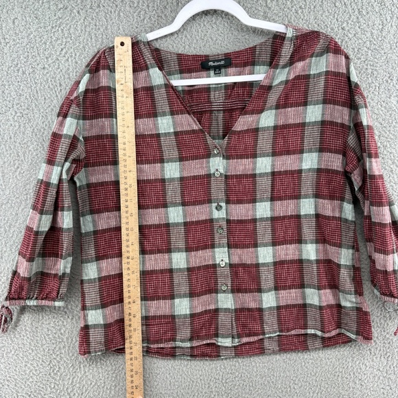 Madewell Plaid Button Front Peasant Blouse Red Gray Check XS 100% Cotton - Picture 7 of 11
